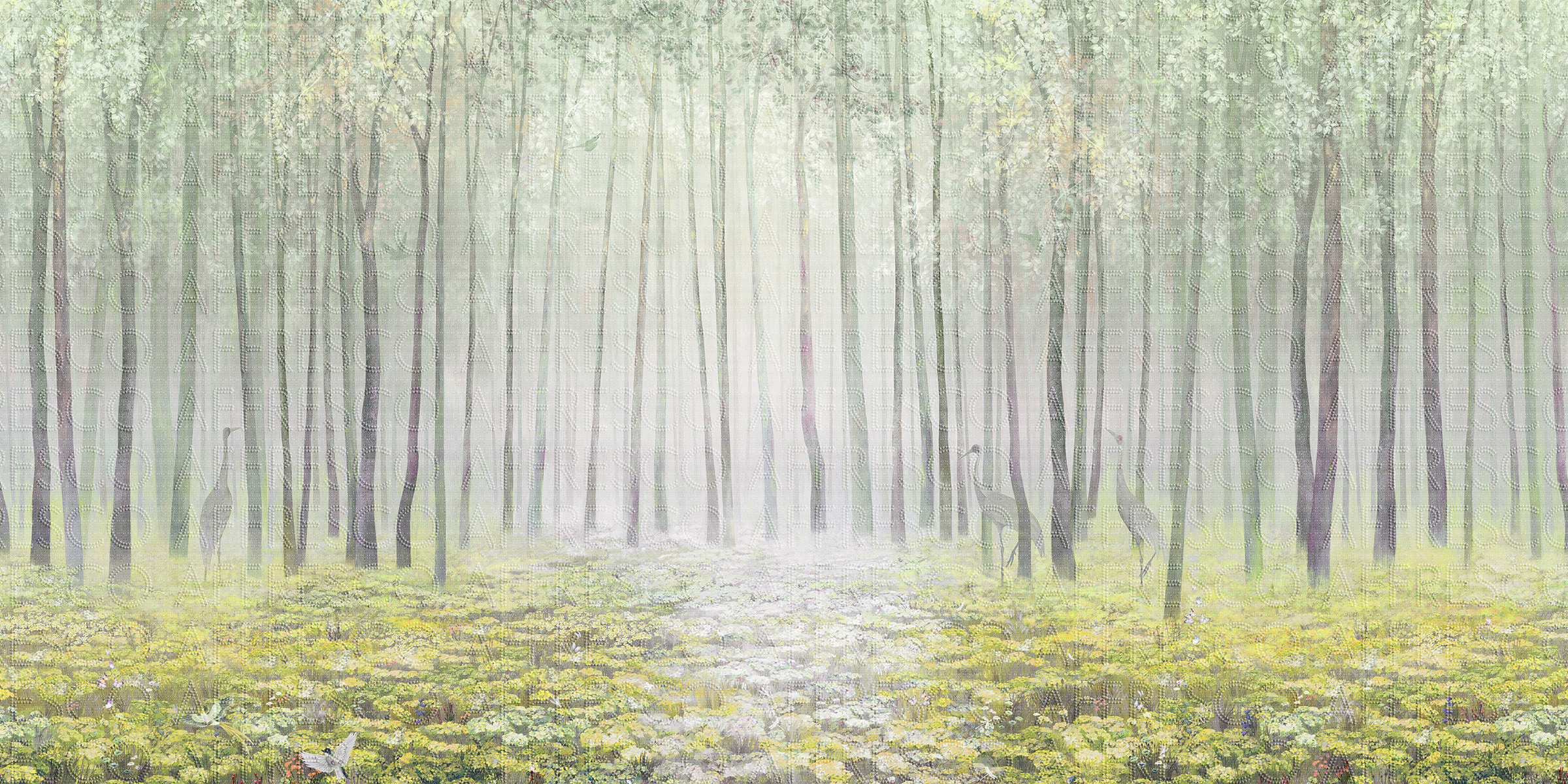 Handmade wallpaper, Forest with Forget-me-nots