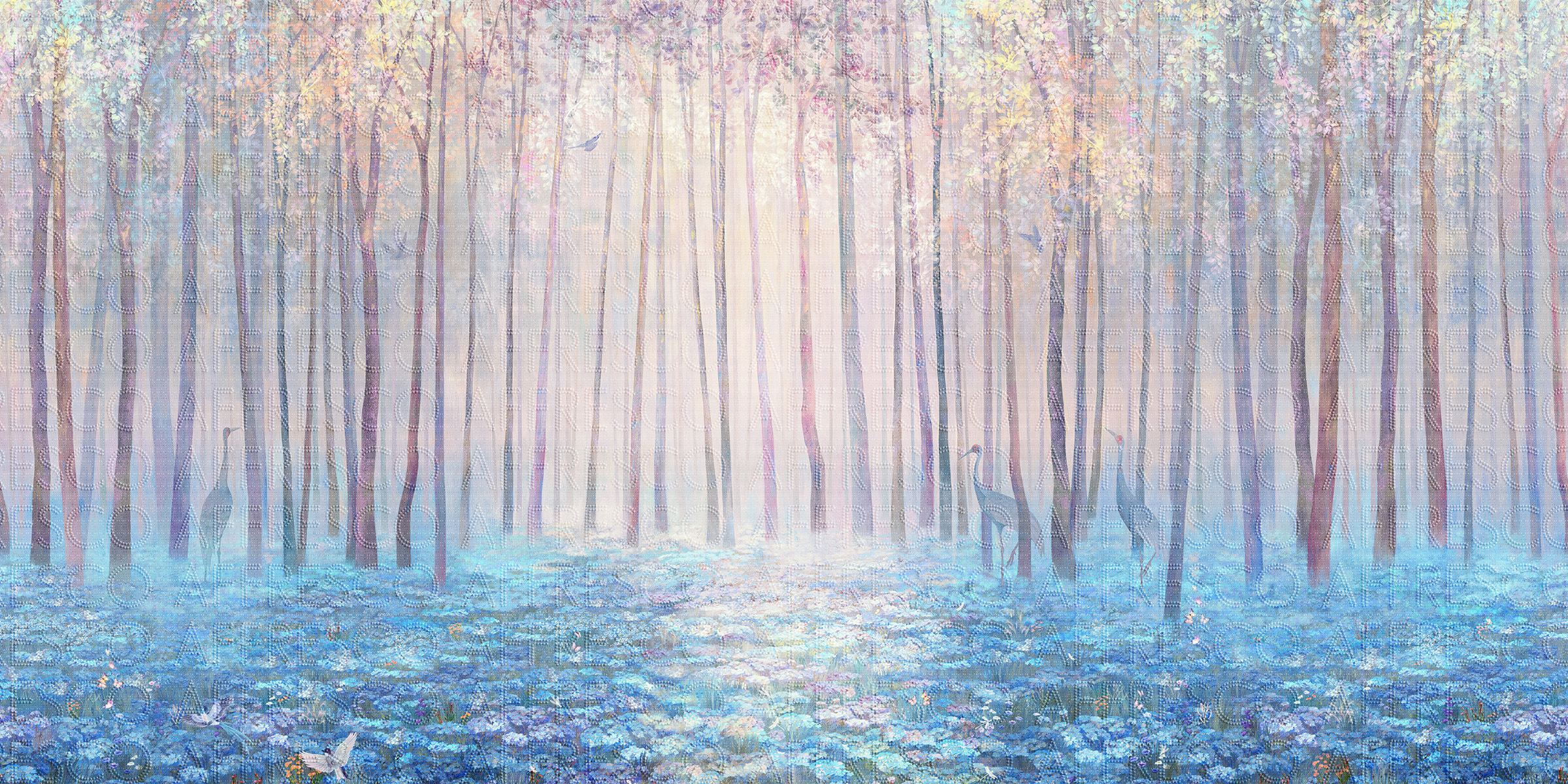 Handmade wallpaper, Forest with Forget-me-nots
