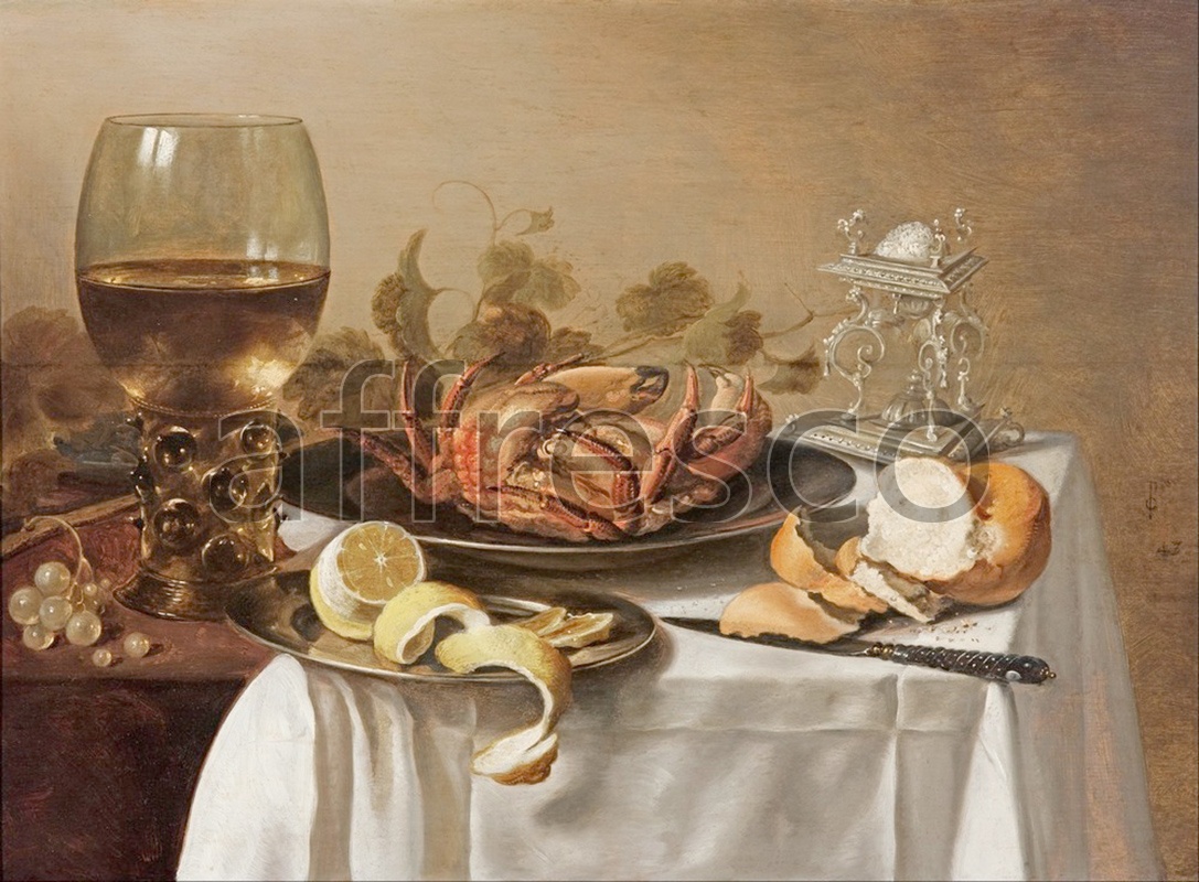 Still life | Pieter Claesz A still life with a roemer a crab and a peeled lemon | Affresco Factory