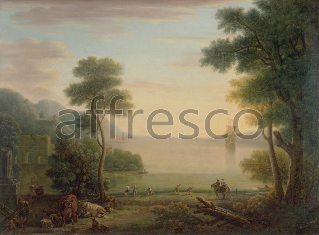 Classic landscapes | John Wootton Classical Landscape with Figures and Animals Sunset | Affresco Factory
