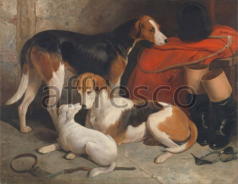 Paintings of animals | William Barraud A Couple of Foxhounds with a Terrier the property of Lord Henry Bentinck | Affresco Factory