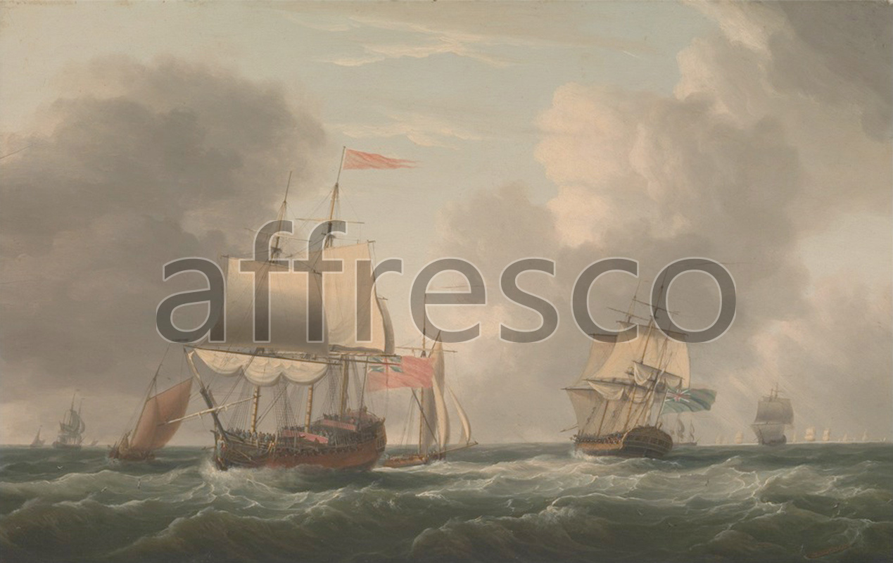 Marine art | Dominic Serres An English Two Decker Lying Hove to with Other Ships and Vessels in a Fresh Breeze | Affresco Factory