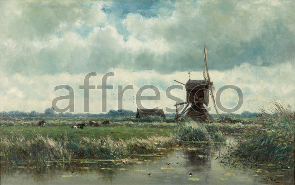 Classic landscapes | Willem Roelofs Polder landscape with windmill near Abcoude | Affresco Factory