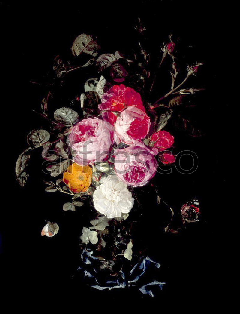Still life | Christian Luycks A Festoon of Roses hanging from a Blue Ribbon with Butterflies and Insects | Affresco Factory
