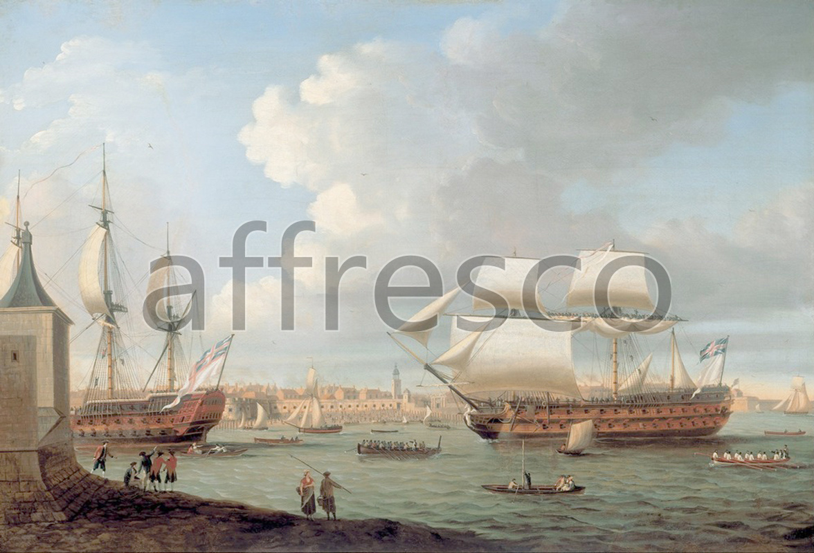 Marine art | Dominic Serres Foudroyant and Pegase entering Portsmouth Harbour | Affresco Factory