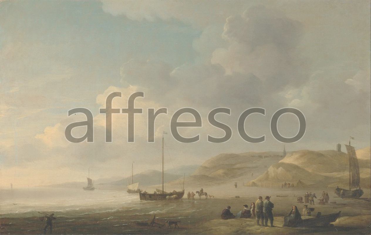 Marine art | Charles Brooking The Coast near Scheveningen with Fishing Pinks on the Shore | Affresco Factory