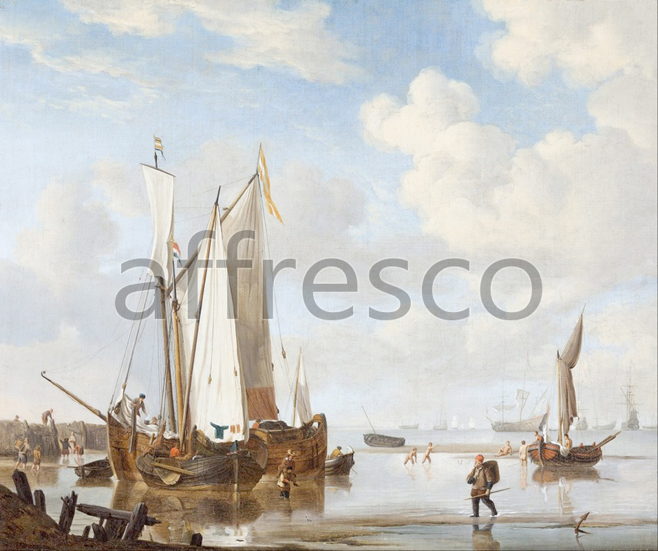 Marine art | Willem van de Velde the younger and studio A wijdschip and a kaag in an inlet close to a sea wall | Affresco Factory