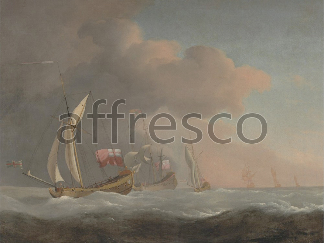 Marine art | Willem van de Velde the Younger English Royal Yachts at Sea in a Strong Breeze in Company with a Ship Flying the Royal Standard | Affresco Factory