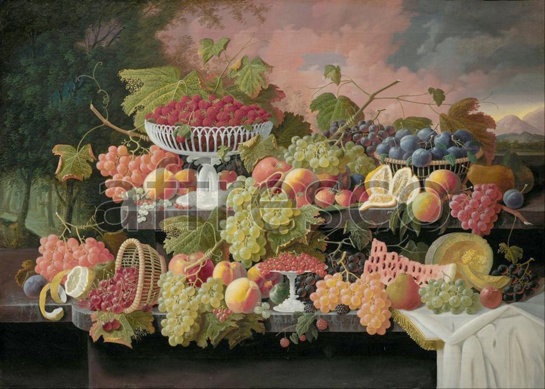 Still life | Severin Roesen Two Tiered Still Life with Fruit and Sunset Landscape | Affresco Factory