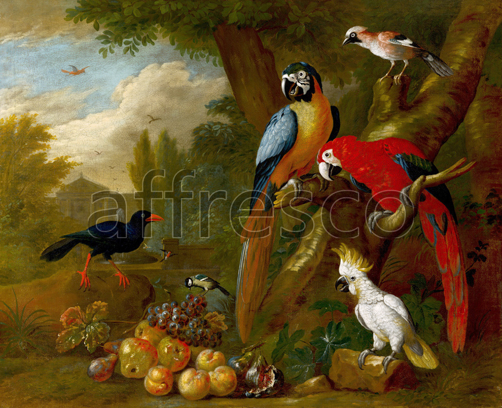 Still life | Bogdani Jakob Two Macaws a Cockatoo and a Jay with Fruit | Affresco Factory