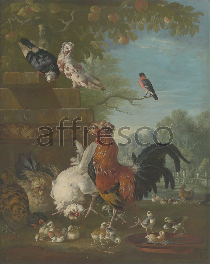 Paintings of animals | Peter Casteels Domestic cock hens and chicks in a park | Affresco Factory