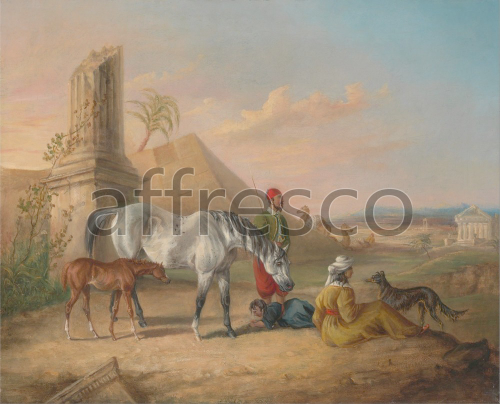 Paintings of animals | George Henry Laporte Grey Arabian mare and foal with a family | Affresco Factory