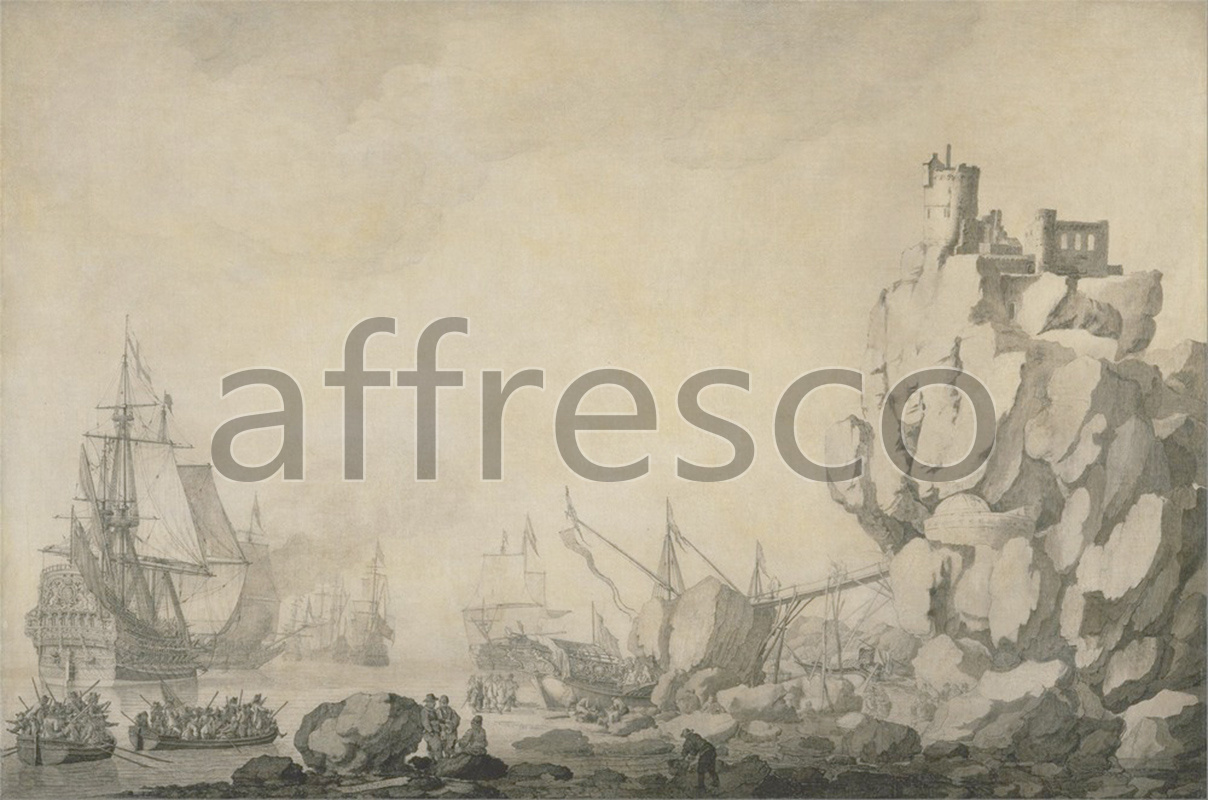 Marine art | Willem van de Velde the Elder Ships and Militia by a Rocky Shore | Affresco Factory