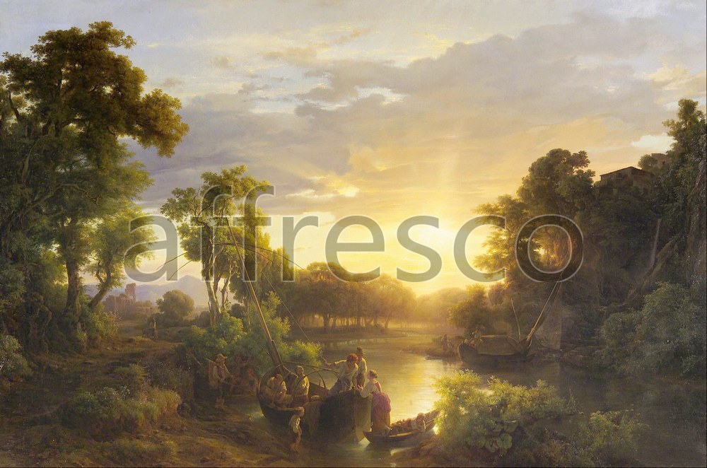 Classic landscapes | Marko Karoly  Italian Landscapes at Sunset Fishermen | Affresco Factory