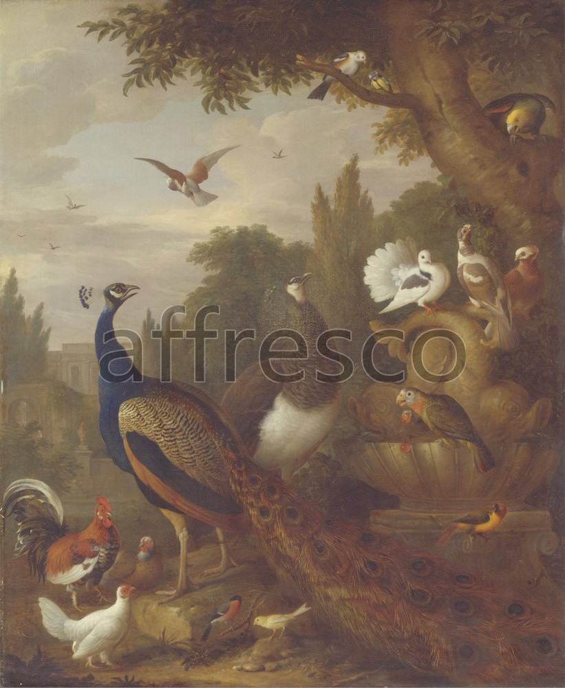 Paintings of animals | Jacob Bogdani Peacock peahen parrots canary and other birds in a park | Affresco Factory