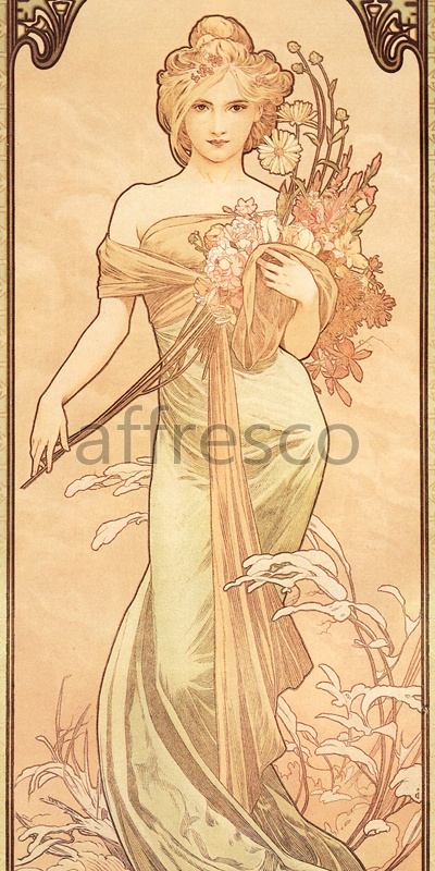 3155 | Modern | woman with flowers Alphonse Mucha | Affresco Factory