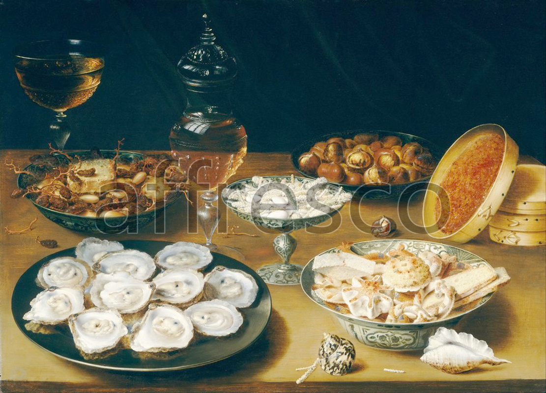 Still life | Osias Beert the Elder Dishes with Oysters Fruit and Wine | Affresco Factory