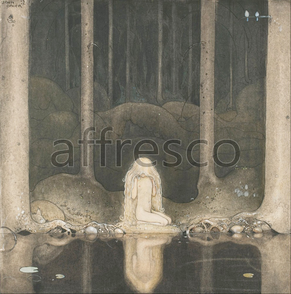Scenic themes | John Bauer Princess Tuvstarr gazing down into the dark waters of the forest tarn | Affresco Factory