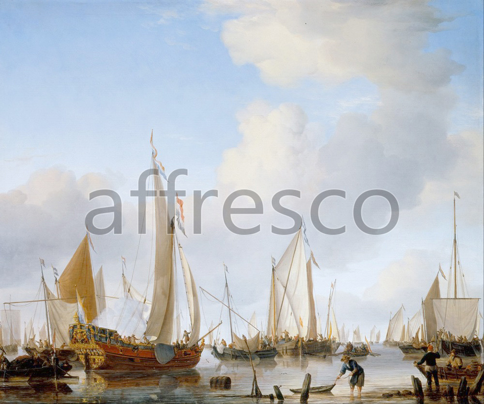 Marine art | Willem van de Velde the Younger Calm A States Yacht under Sail close to the Shore with many other Vessels | Affresco Factory