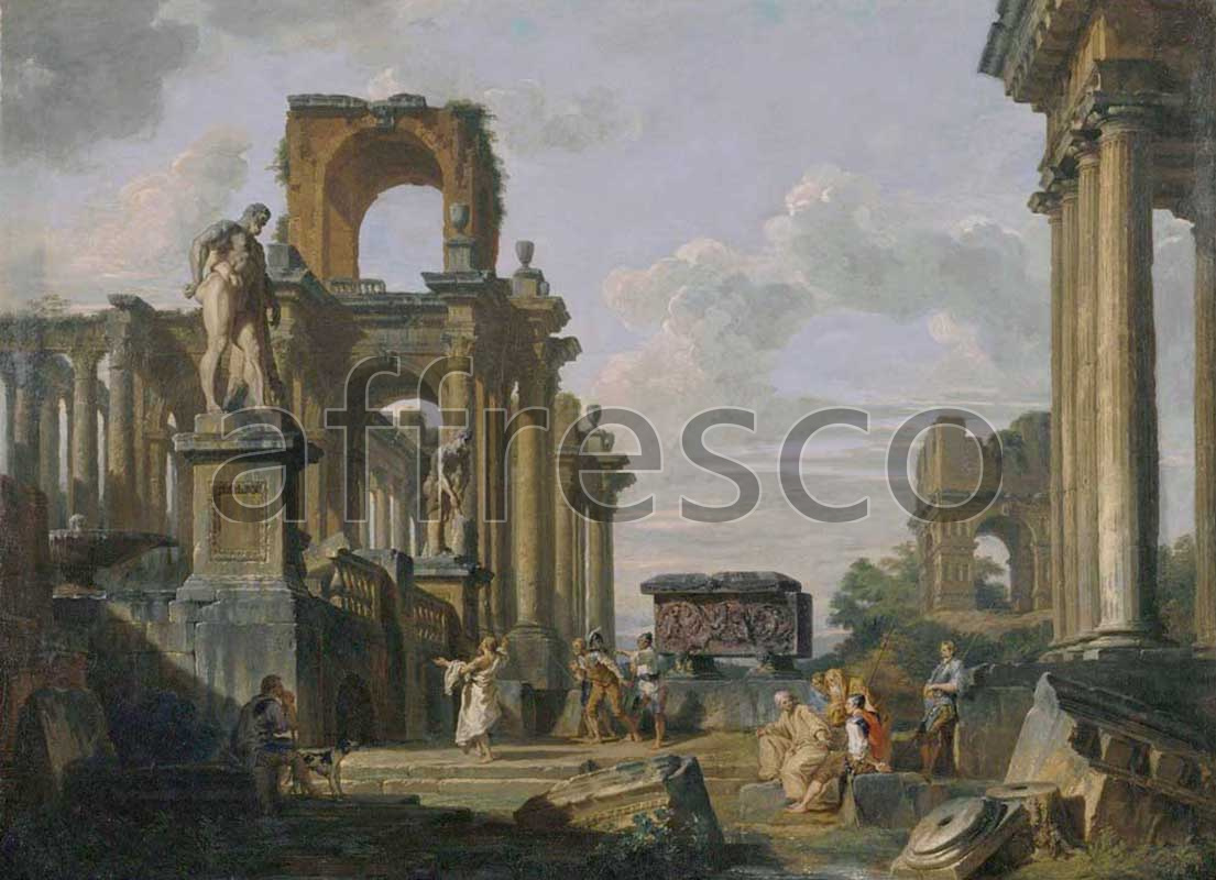 Classic landscapes | Giovanni Paolo Panini An Architectural Capriccio of the Roman Forum with Philosophers and Soldiers among Ancient Ruins | Affresco Factory