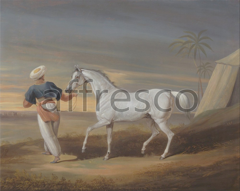 Scenic themes | David Dalby of York Signal a Grey Arab with a Groom in the Desert | Affresco Factory