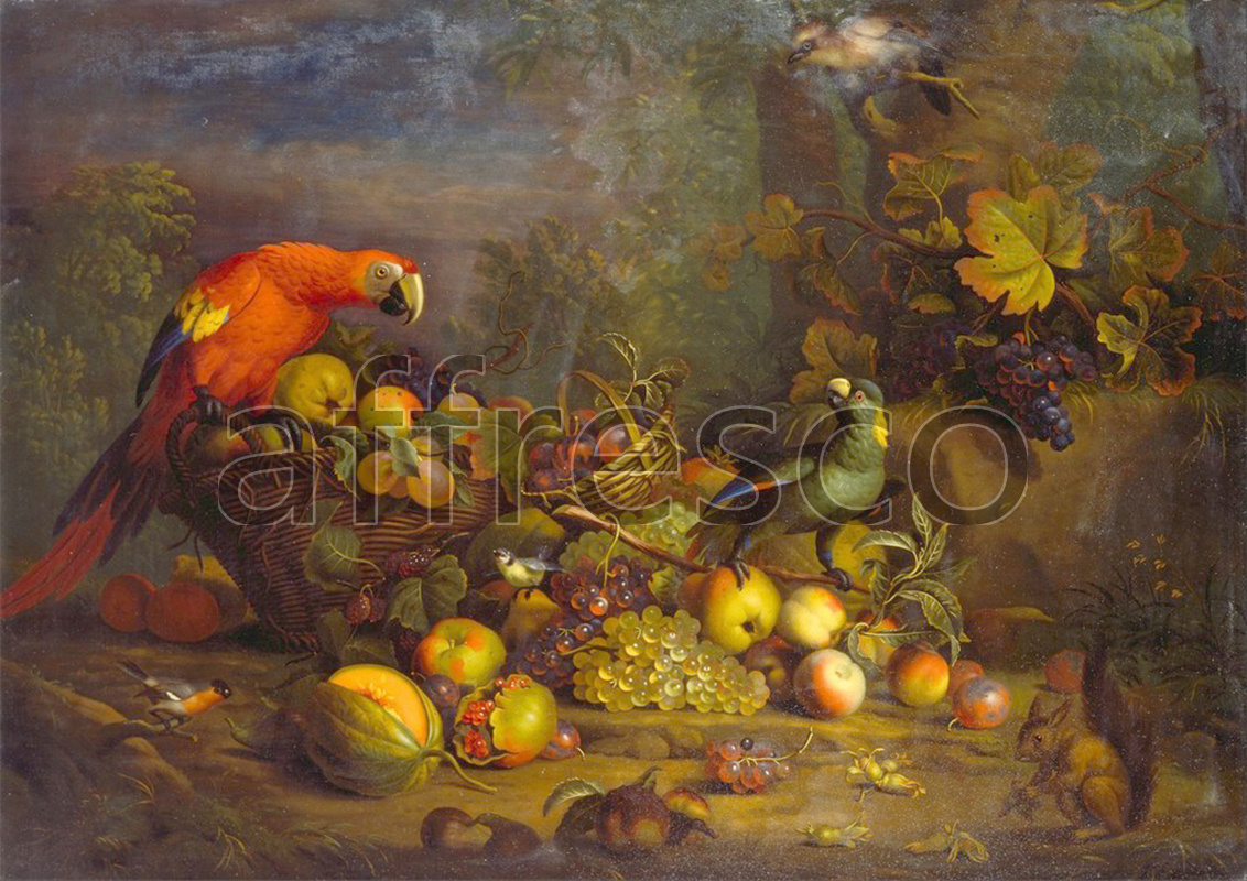 Still life | Tobias Stranover Parrots and Fruit with Other Birds and a Squirrel | Affresco Factory