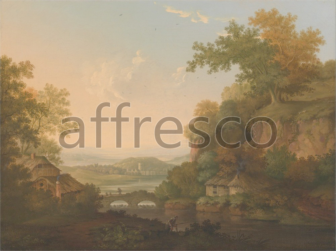 Classic landscapes | James Lambert of Lewes A River Scene with Thatched Huts by a Bridge over a Weir | Affresco Factory