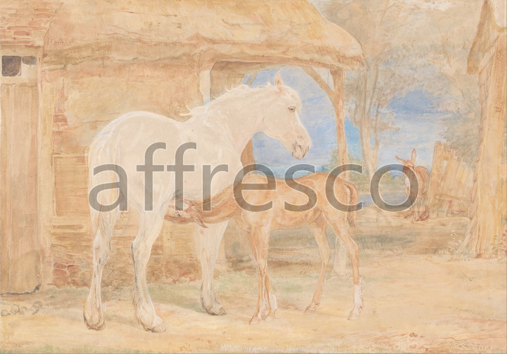 Paintings of animals | John Frederick Lewis Gray Mare and a Chestnut Foal | Affresco Factory
