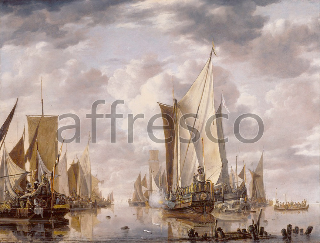 Marine art | Jan van de Cappelle Shipping in a Calm at Flushing with a States General Yacht Firing a Salute | Affresco Factory