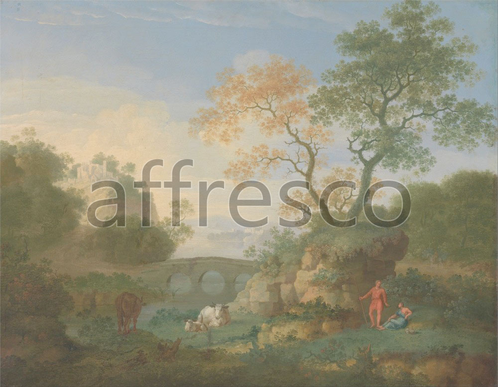 Classic landscapes | William Smith A Landscape with Distant Classical Ruins a Bridge Figures and Cattle | Affresco Factory