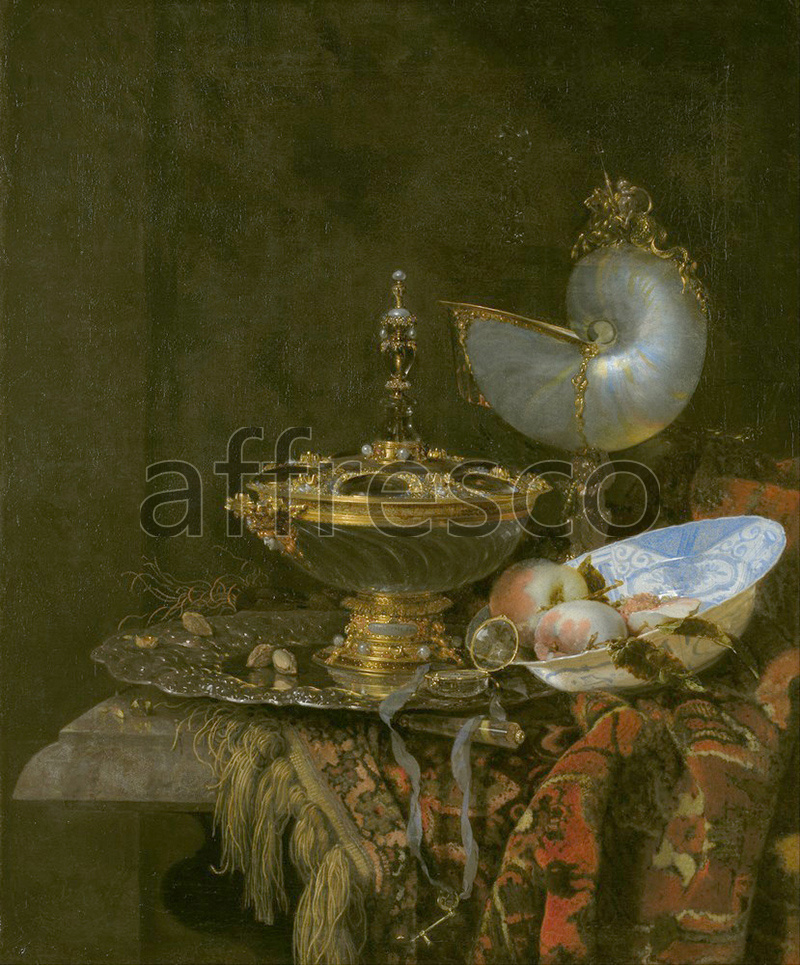 Still life | Willem Kalf Pronk Still Life with Holbein Bowl Nautilus Cup Glass Goblet and Fruit Dish | Affresco Factory