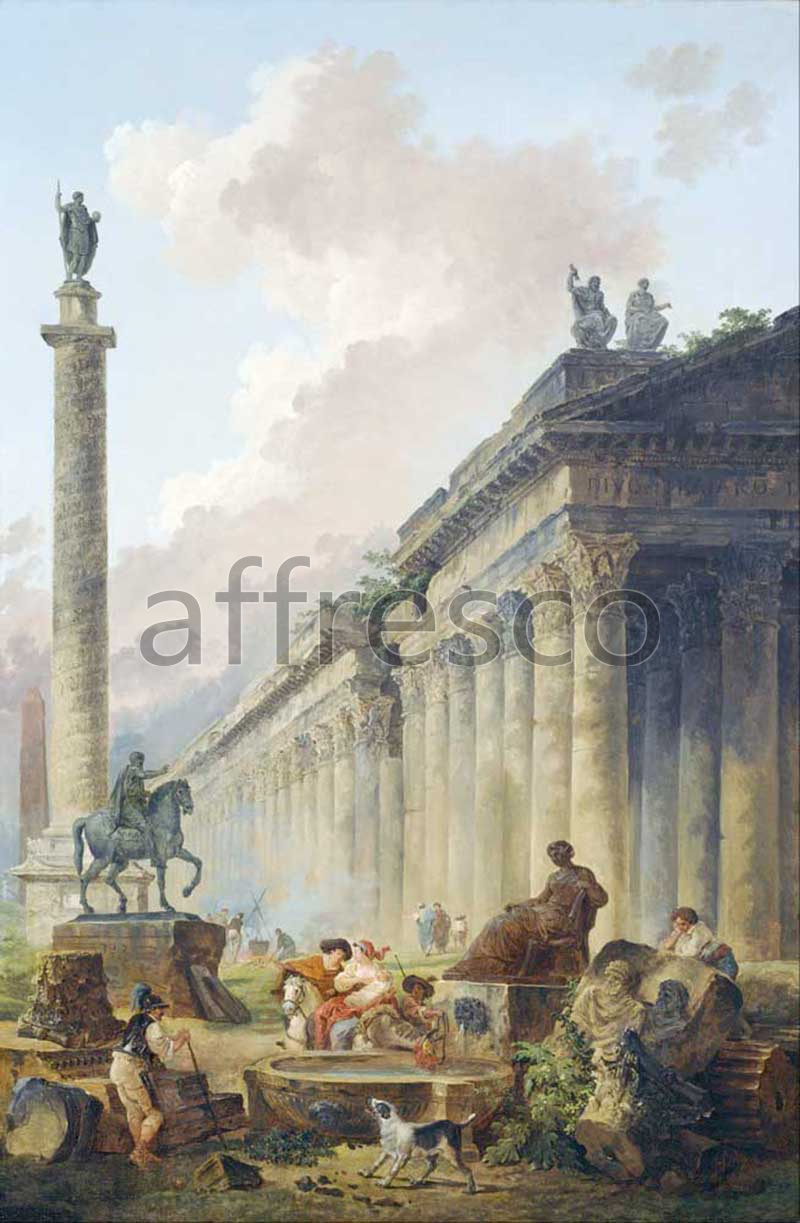 Classic landscapes | Hubert Robert Imaginary View of Rome with Equestrian Statue of Marcus Aurelius the Column of Trajan and a Temple | Affresco Factory
